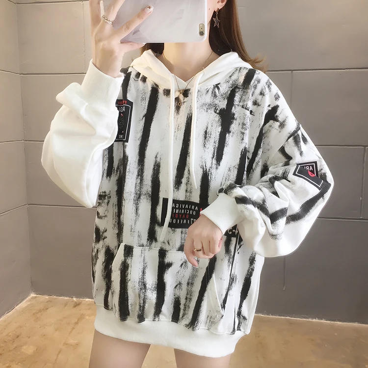 Didelio Dydžio Dryžuotas Megztiniai Su Gobtuvu Moterų 2020 M. Rudenį Korėjos Stilius Laisvas Laiškas Išspausdintas Atsitiktinis Palaidų Hoodies Streetwear