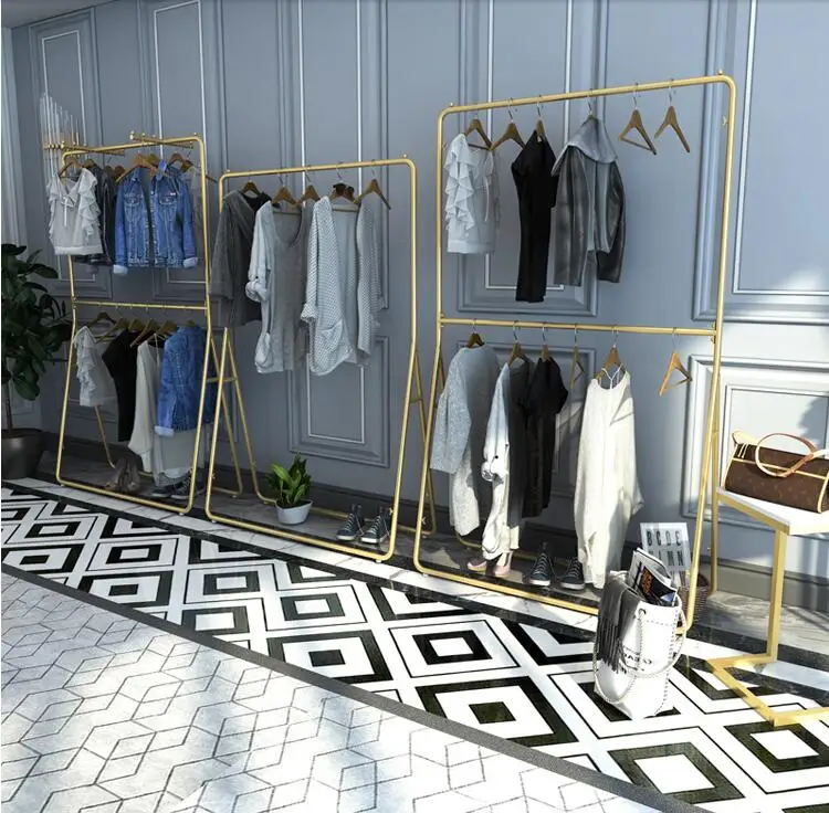 Aukso display rack, grindų montuojamas prie sienos montuojamas priekyje montuojamas šone montuojamas ekranas stovo drabužių parduotuvė