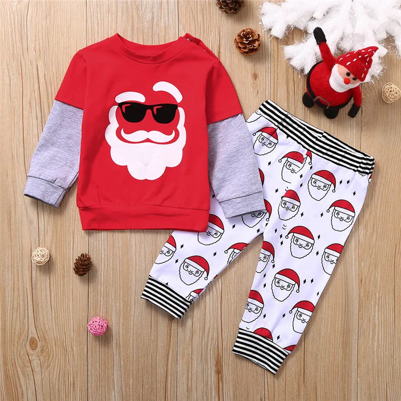 Kūdikių drabužiai Bamblys Vaikams, Kūdikių Mergaitės Berniukai Kalėdų Santa Claus Spausdinti Minkšta Pižama Kelnės Nustatyti ubranka dla niemowlat #4N29