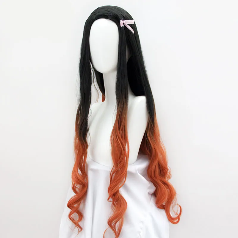 100cm/39inch moterų Kamado Nezuko cosplay perukas Demon Slayer: Kimetsu nr. Yaiba sesuo juoda su oranžiniais ilgi banguoti plaukai
