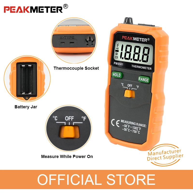 Oficialus PEAKMETER PM6501 LCD Ekranas Skaitmeninis Termometras su K Tipo Termopora Termometro Duomenis, Laikykite