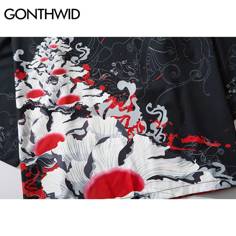 GONTHWID Karpiai Koi Žuvų Gėlių Spausdinti Mens Japonų Kimono Megztinis Marškinėliai Striukės Hip-Hop Atsitiktinis Atidaryti Priekiniai Kailis Streetwear Viršūnės