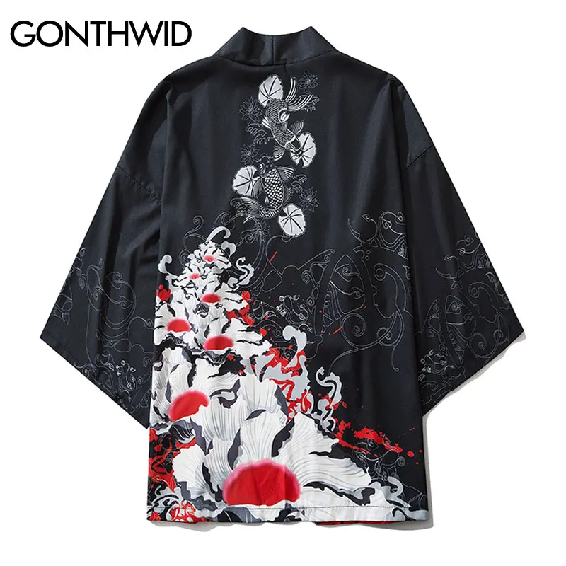 GONTHWID Karpiai Koi Žuvų Gėlių Spausdinti Mens Japonų Kimono Megztinis Marškinėliai Striukės Hip-Hop Atsitiktinis Atidaryti Priekiniai Kailis Streetwear Viršūnės