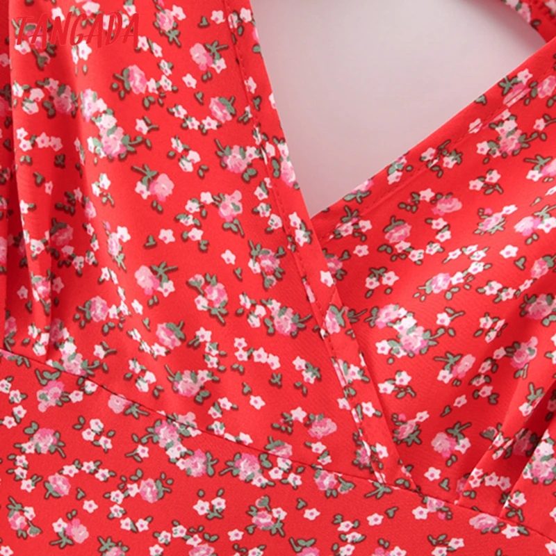 Tangada Mados Moterų Raudonos Gėlės Šifono Suknelė su V Kaklo Backless Lankas Trumpas Rankovės Ponios Mini Suknelė Vestidos 7Y11