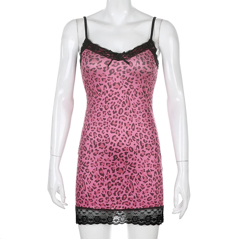 Iamhotty Harajuku Nėrinių Kratinys Leopardas Spausdinti 90s Estetinės Seksuali Suknelė Moterims Derliaus Spageti Dirželis Bodycon Ponios Suknelės