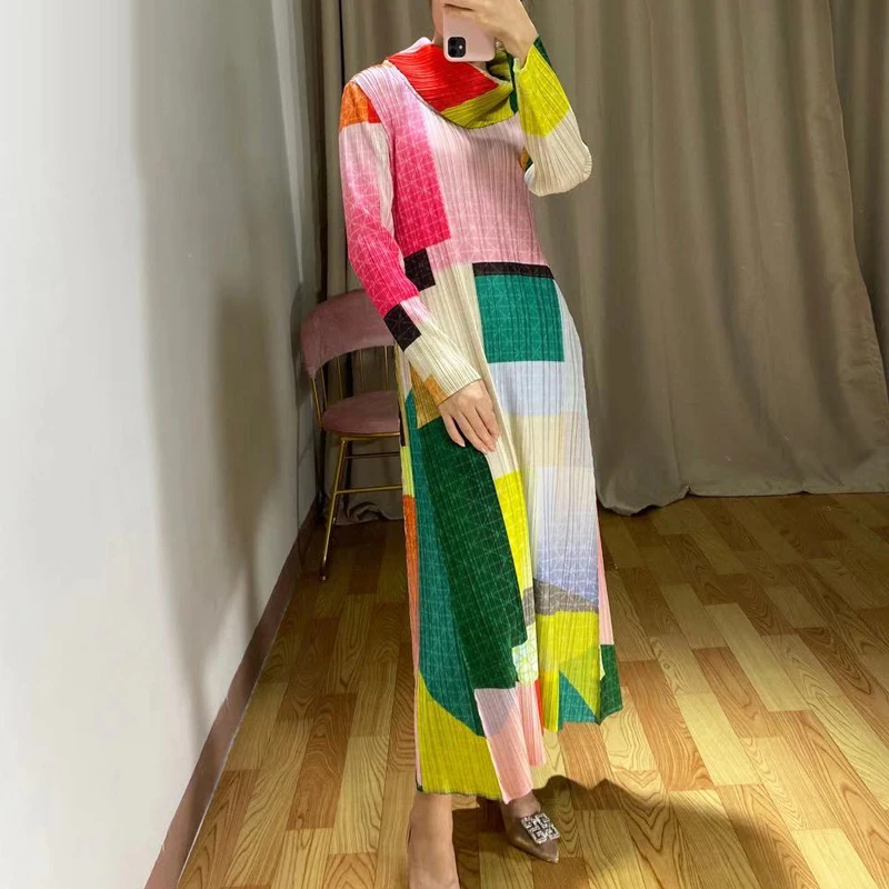 Changpleat 2019 m. rudenį Naujų Moterų golfo spausdinimo suknelė Miyak Plisuotos Mados Didelis elastinga ilgomis rankovėmis Moteriška Ilga Suknelė Banga