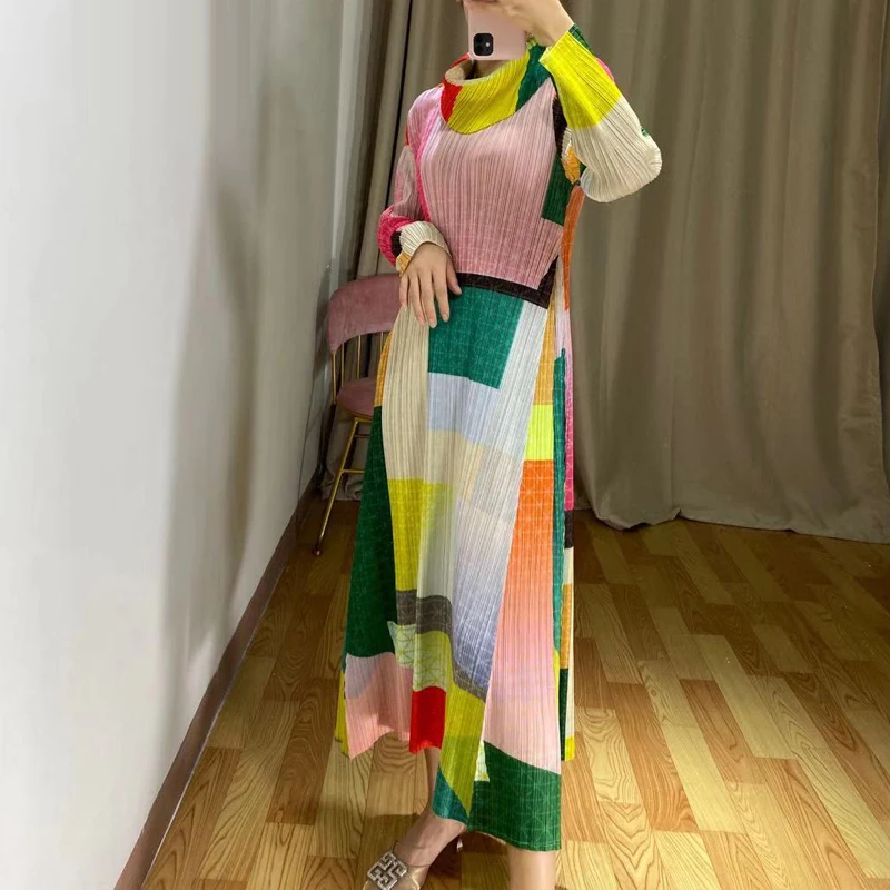 Changpleat 2019 m. rudenį Naujų Moterų golfo spausdinimo suknelė Miyak Plisuotos Mados Didelis elastinga ilgomis rankovėmis Moteriška Ilga Suknelė Banga