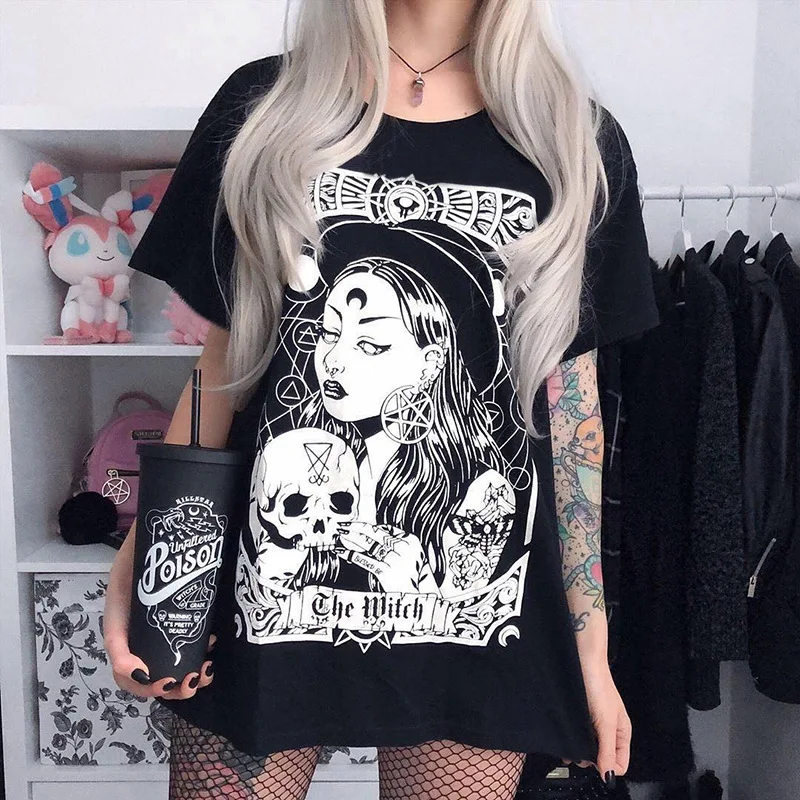 GOTH GIRL Harajuku Gatvėje T-shirt Moterims, Gotikos Ragana Atspausdintas Trumpas Rankovės Prarasti Grafinis Tees Dark Punk Hipster Viršuje Tees Moteris