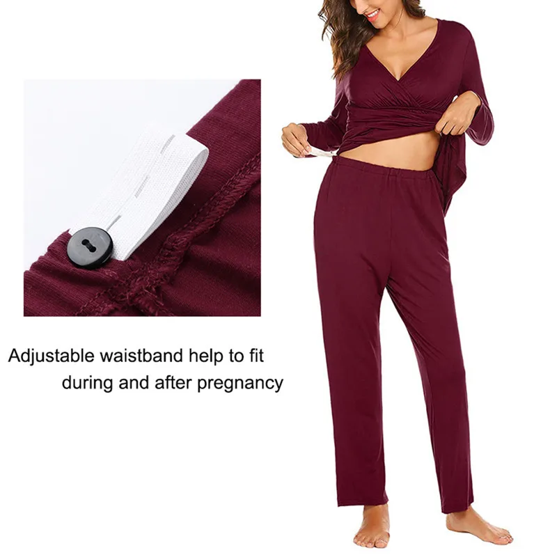 Medvilnės nėštumo sleepwear V-kaklo motinystės nustatyti slaugos pijamas ilgomis rankovėmis nėštumo kelnės viršuje plius dydis ligoninę suknelė žiemą