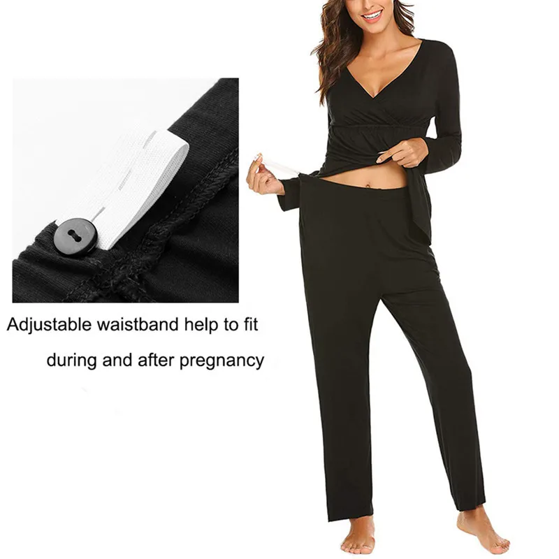 Medvilnės nėštumo sleepwear V-kaklo motinystės nustatyti slaugos pijamas ilgomis rankovėmis nėštumo kelnės viršuje plius dydis ligoninę suknelė žiemą