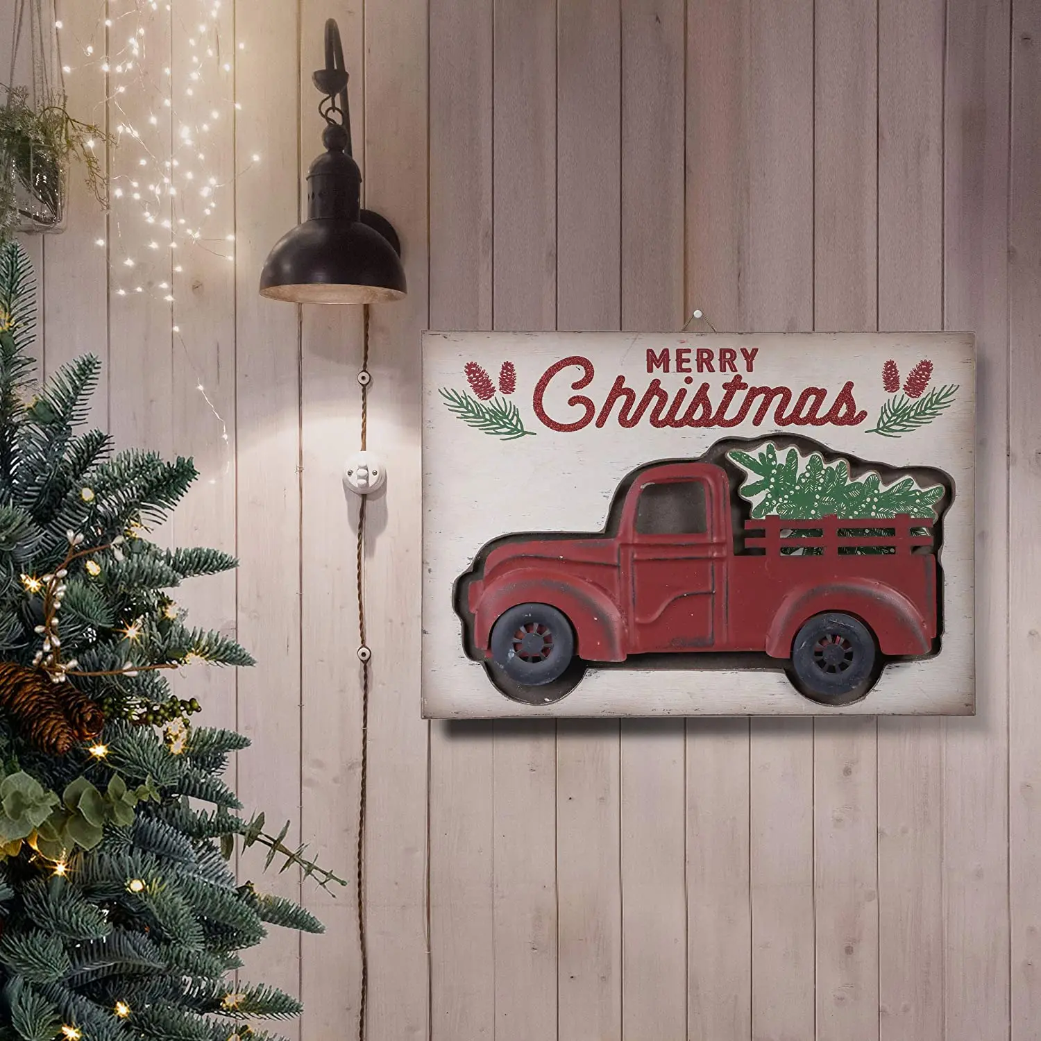 Valerijus Madelyn Linksmų Kalėdų Medžio Ženklai su Metalo Ūkio Pikapas Namų Kaimiškas Medinis Plokštelės
