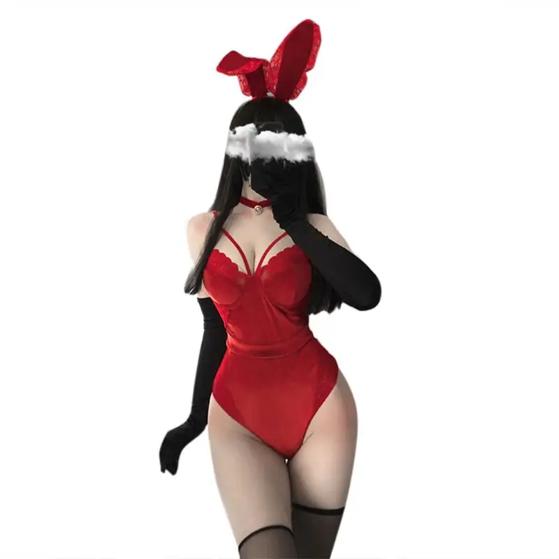 Moterys, Bunny Mergina apatinis Trikotažas Triušio Ausis Nėrinių Sujungimas Bodysuit Cosplay naktiniai drabužiai 23GE