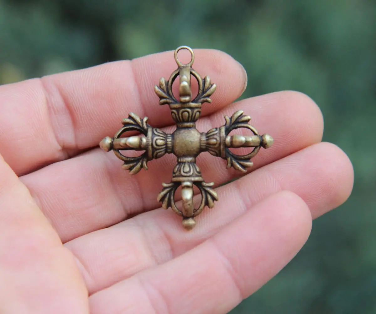 4.5 CM Tibeto Grynas Bronzos 4 Žiedlapis Dorje Vajra-kenkėjų Amuletas Karoliai Pakabukas