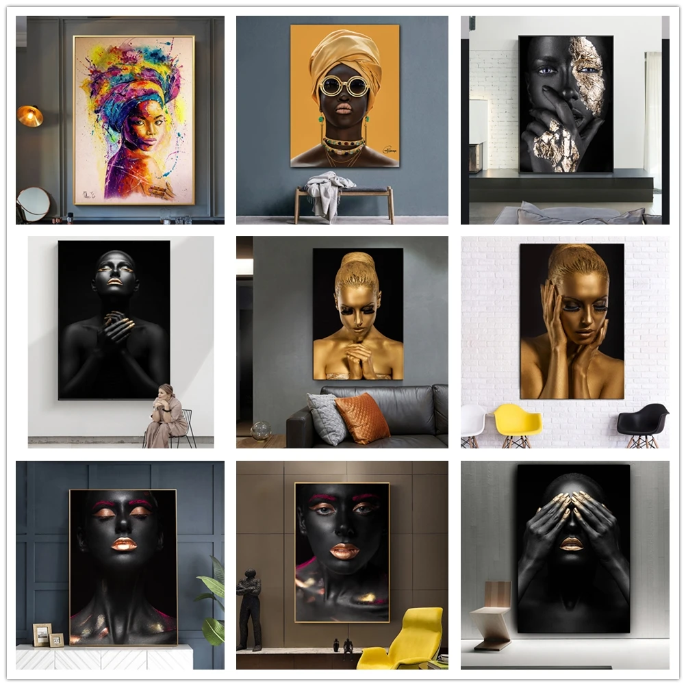 Juodoji Ranka ir Aukso Lūpų Nuogas Moteris, Aliejus, Tapyba ant Drobės, Cuadros Plakatai ir Spausdina Afrikos Sienos Meno Nuotrauka už Kambarį
