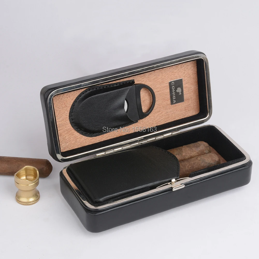COHIBA Kelionės Cigarų Atveju, Juodos Odos Kedro Medžio Liniuotas Cigarų Turėtojas Mini Humidoras su Cutter