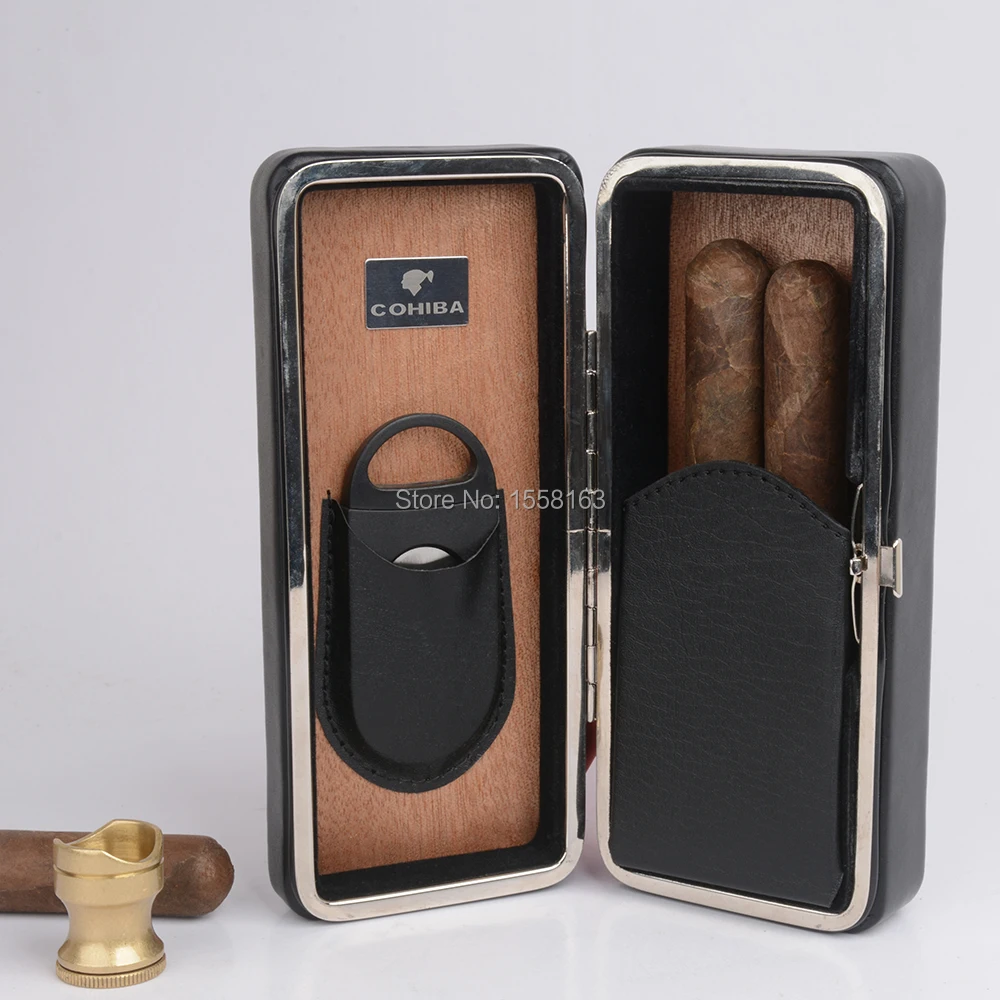 COHIBA Kelionės Cigarų Atveju, Juodos Odos Kedro Medžio Liniuotas Cigarų Turėtojas Mini Humidoras su Cutter