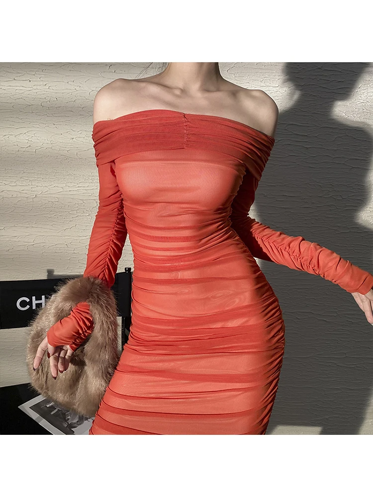 2020 M. Žiemos Velniop Kaklo Nuo Peties Ilgomis Rankovėmis Stebėjimo Akių Oranžinė Suknelė Moterims Seksualus Plonas Liesas Kelio Ilgis Suknelės, Šaliai