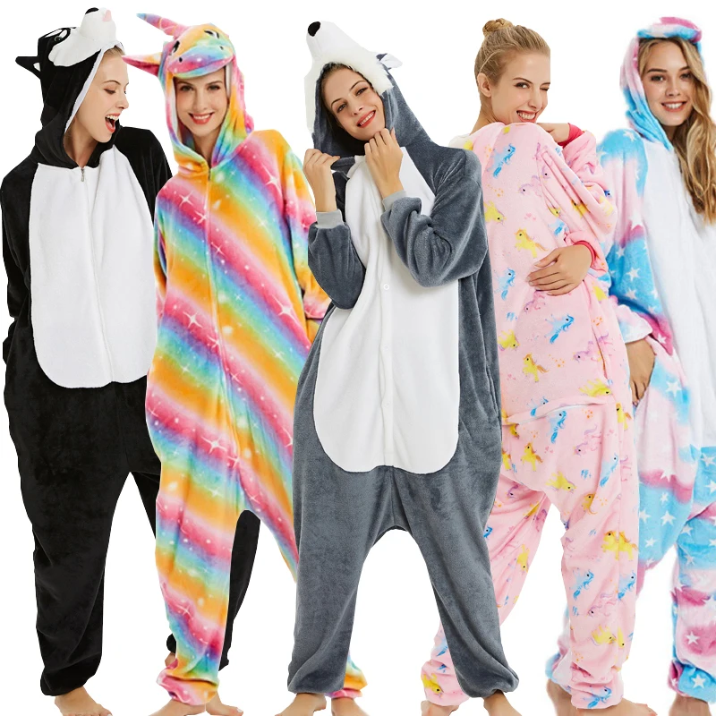 Kigurumi unicornio Pižama Nustatyti Moterų, Vyrų Žiemos Kalėdų Flanelė Suaugusiųjų Gyvūnų Vienaragis Sleepwear Panda Animacinių filmų dygsnio naktiniai drabužiai