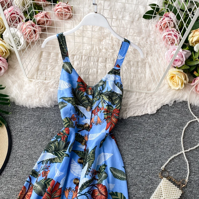 Boho mygtuką Sexy v kaklo Spageti Dirželis gėlių spausdinti Midi backless Suknelė Vasaros Šalis Atsitiktinis Moterų-Line Paplūdimio Atostogų Suknelė