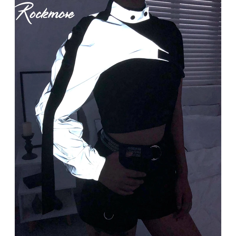 Rockmore Neoninė Žalia Šviesą Atspindinčios Marškinėliai Moterims Marškinėlius Harajuku Vieną Petį Off Gotikos Top Hip-Hop Streetwear Tee Marškinėliai Femme Rudenį