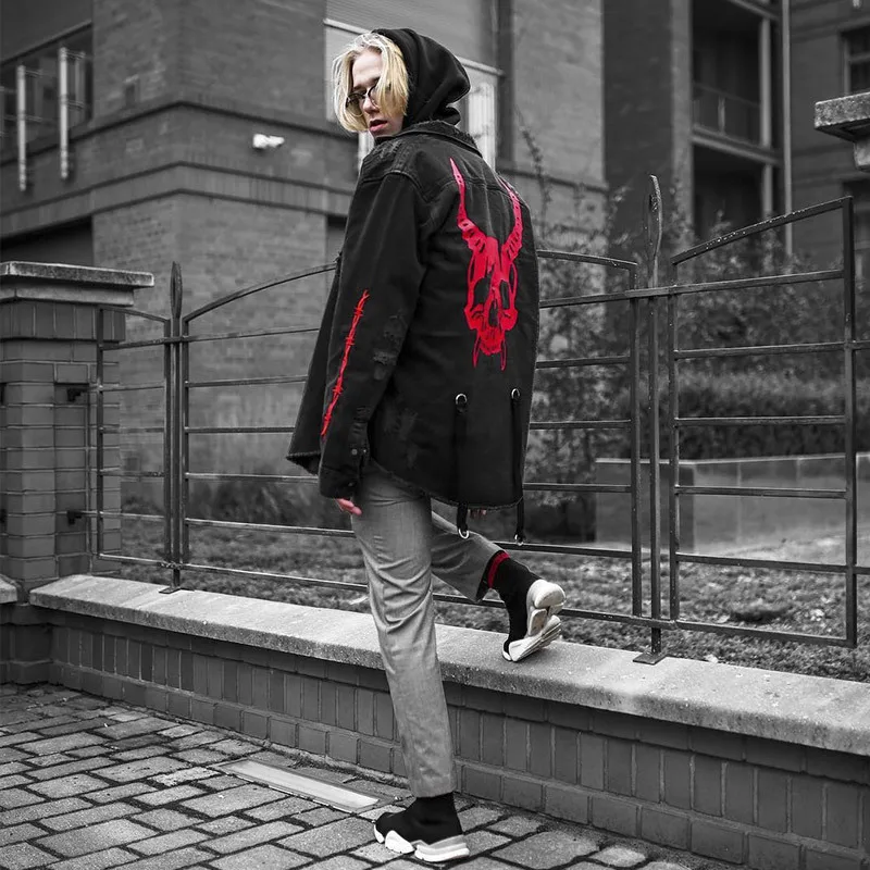 Džinsinio audinio striukė derliaus vyrų paltai Mados Hip-Hop Streetwear Elgeta Skylę Džinsinio audinio vyriškų Viršuje 2019 m. pavasarį, Rudenį naujas Modelis spausdinimas