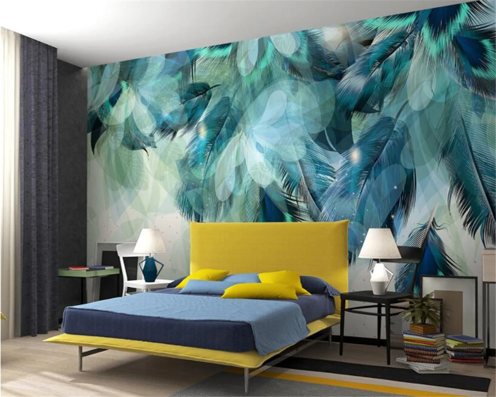 Pritaikyti 3d tapetai, mada, retro šiuolaikinės mėlyna plunksna, TV foną, sienos 3d tapetai namų puošybai freskos tėtis peint