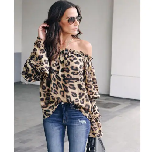 Nauji Karšto Moterų Off Peties Marškinėliai Ilgomis Rankovėmis Palaidinė Leopardas Spausdinti Ponios Viršūnes Palaidinė Korėjos Stiliaus Streetwear