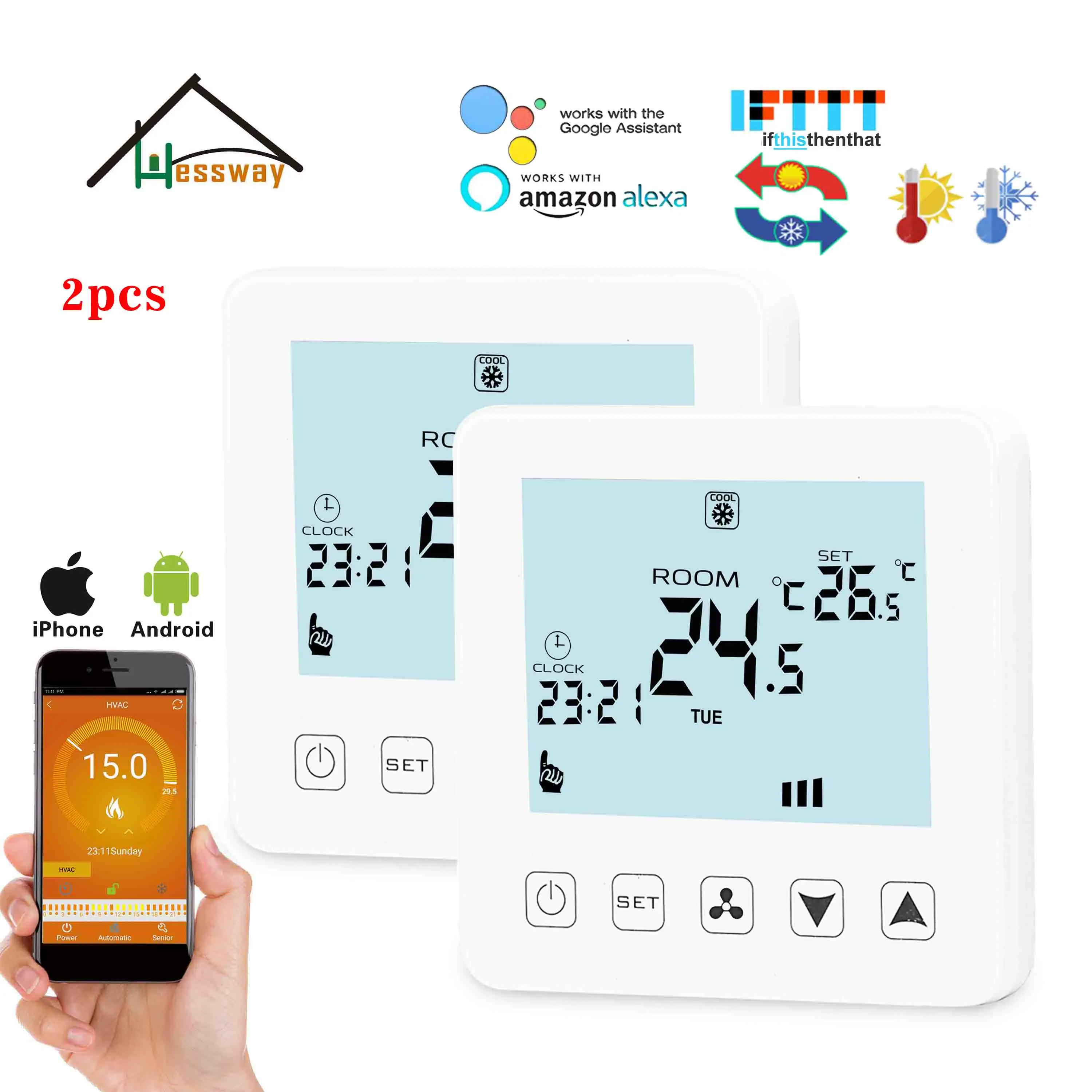 HESSWAY 2vnt 4P&2P šildymo aušinimo termostatas WIFI smart temperatūros kontrolė