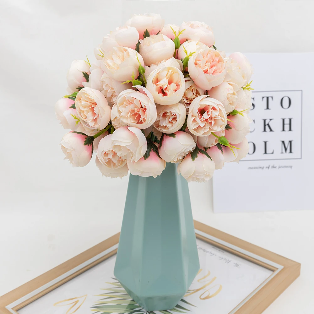 Gražus rožės dirbtinės gėlės šilko puokščių dekoravimui namuose vestuvių netikrą gėlės nuotaka, turintis gėlių 27 galvos dirbtiniais rožių
