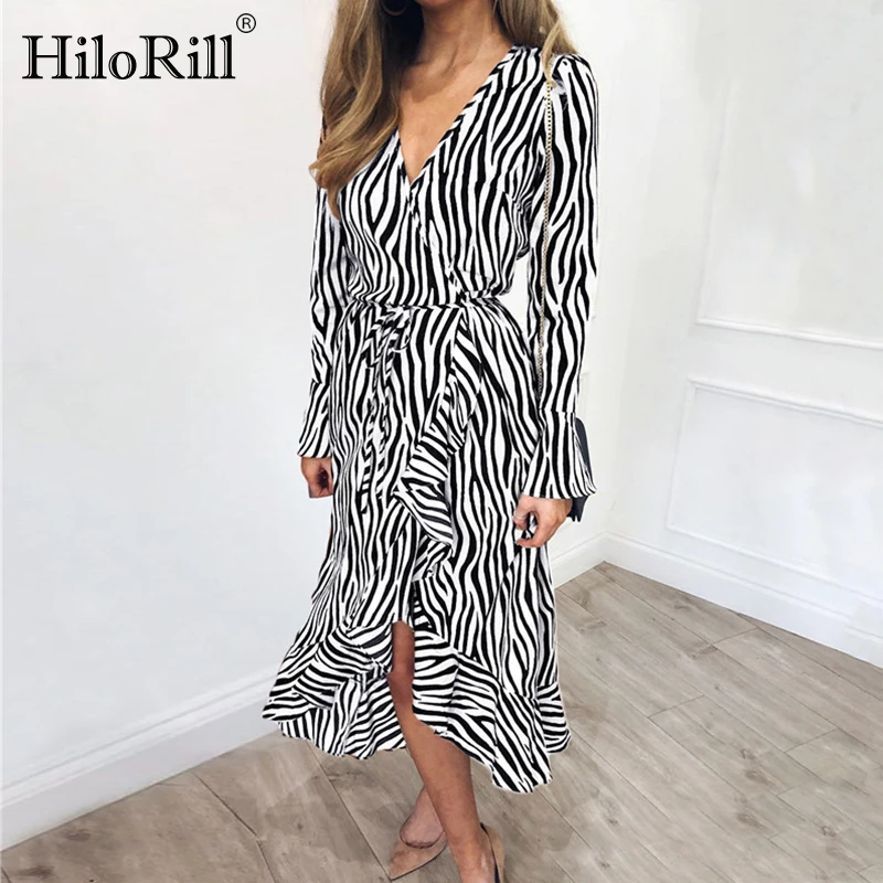 HiloRill 2020 M. Moteris Rudenį Suknelė Ilgomis Rankovėmis Zebras Dryžuotas Spausdinti Suknelė Raukiniai Atsitiktinis-Line Midi Derliaus Suknelės, Šaliai, Vestidos