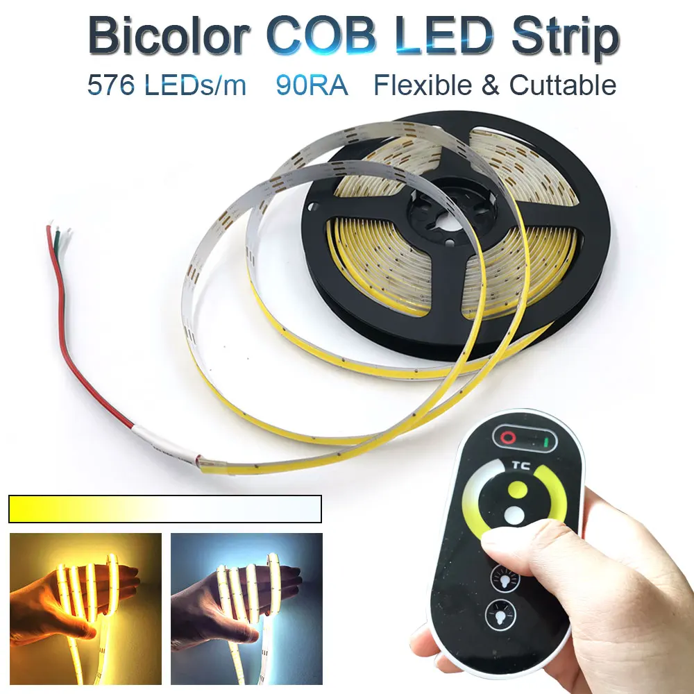 Dviejų Spalvų COB LED Juostelės 24V Cuttable Lankstus šviesos srautą galima reguliuoti Apšvietimo Bi-spalvų LED Šviesos Juostelės skirtos vidaus Patalpų Apdailos, Lempos, šviesos Diodai