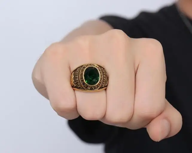 Padengtą Auksu nerūdijančio plieno Žiedas Juosta Didelės Žalios cirkonis Akmuo 8-12# Unisex Vyrų armija Dovanos Hip-Hop