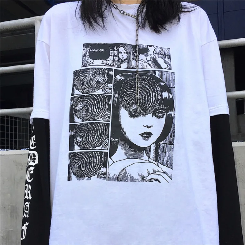 Laidotuvių tamsiai naujas ulzzang Harajuku BF hip-hop netikrą du gabalus Harajuku mados prarasti didelio dydžio moteriškos rudenį animacinių filmų T-shirt