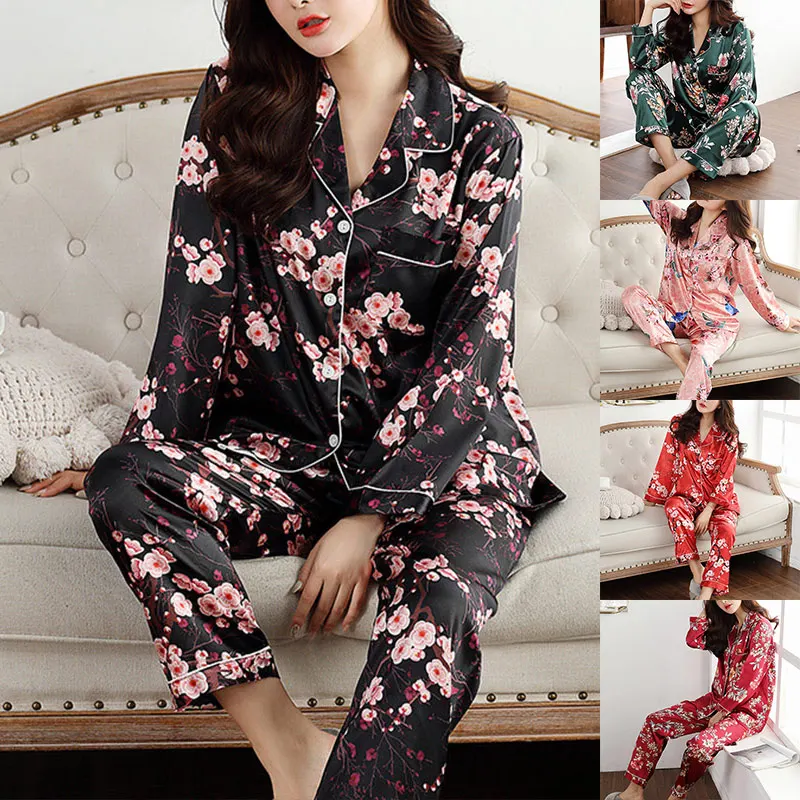 Naujas Moterų Viršūnių Kelnes Namų Pižama 2vnt Nustatyti Ponios Spausdinti Gėlių ilgomis Rankovėmis naktiniai drabužiai Sleepwear Atsitiktinis Pižama Komplektas