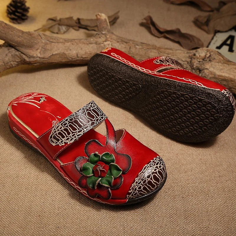 BEYARNE Gėlių Basutės natūralios Odos Batai Moters Rankų darbo Skaidres Fifo Platforma Užkemša Moterų Sandalai Plius Dydis
