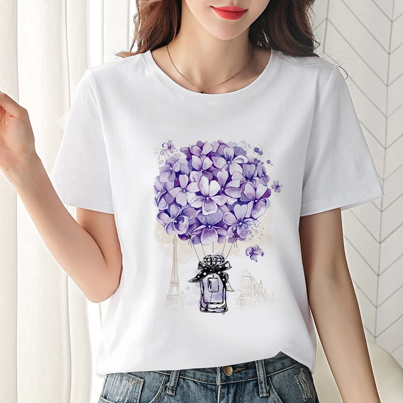 Marškinėliai Moterims Gražių gėlių atspausdintas t-shirt Vasaros Mados Plonas skirsnio marškinėlius moterų Harajuku estetika Tees Viršūnes drabužiai