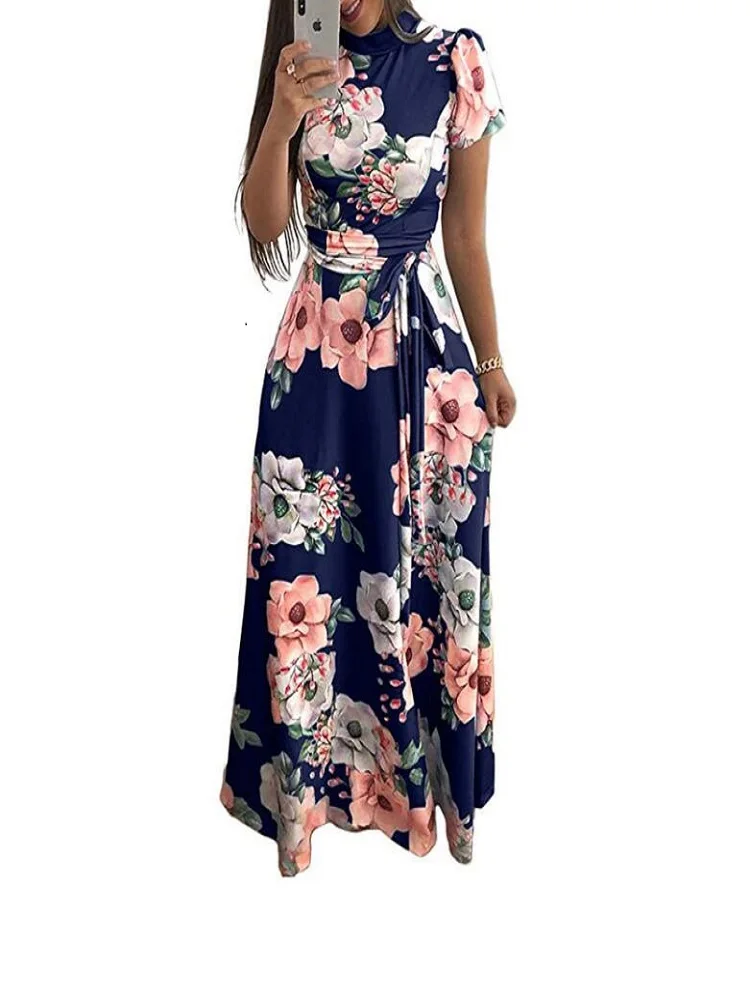 Moterų Maxi Dress Ilga Vasaros 2019 Gėlių Spausdinti Boho Beach Stilius Laisvalaikio Suknelė Trumpomis Rankovėmis Tvarstis Suknelė Plus Size Vestidos
