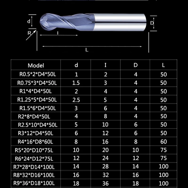 1pc Kamuolys Nosies Galo Mills 2 Fleitos HRC45 R0.5-R7mm CNC Pabaigos Frezavimo Cutter Karbido Sprial Tiek Cutter Metalo