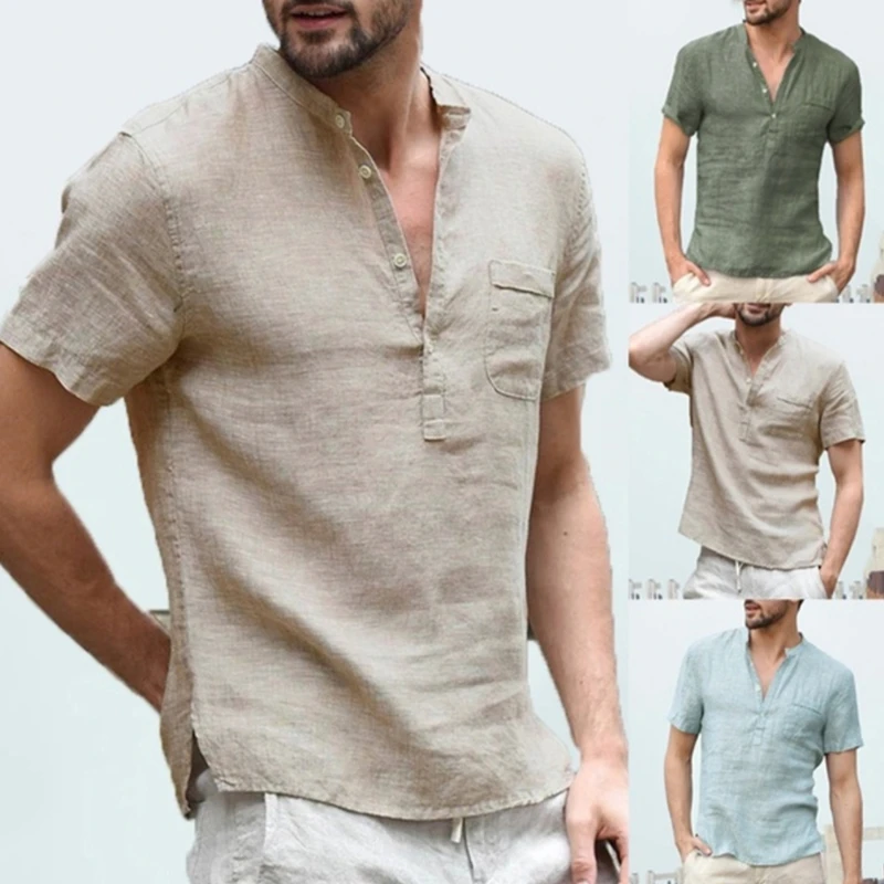 Novedad de 2020 lt camisas informales de manga corta de algodón y lino para hombre, camisa de cuello holgado con botones,