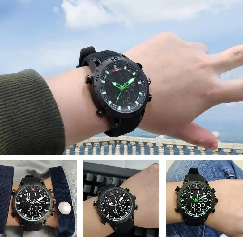 Vyrai Gumos dirželis Plaukti Laikrodžiai LED Skaitmeninio Signalo aukštos kokybės Kvarco Žiūrėti Karinės Vandeniui 50M Dvigubas Ekranas Laikrodis NAUJAS