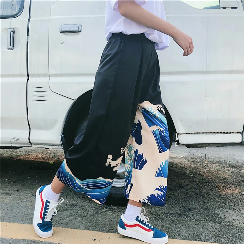 Vyrai Japonų Stiliaus Harajuku Pločio Kojų Kelnės Ukiyo-e Banga Spausdinami Aukštos Juosmens, Palaidi Haremo Kelnės Moterims Kinijos Streetwear Kostiumas