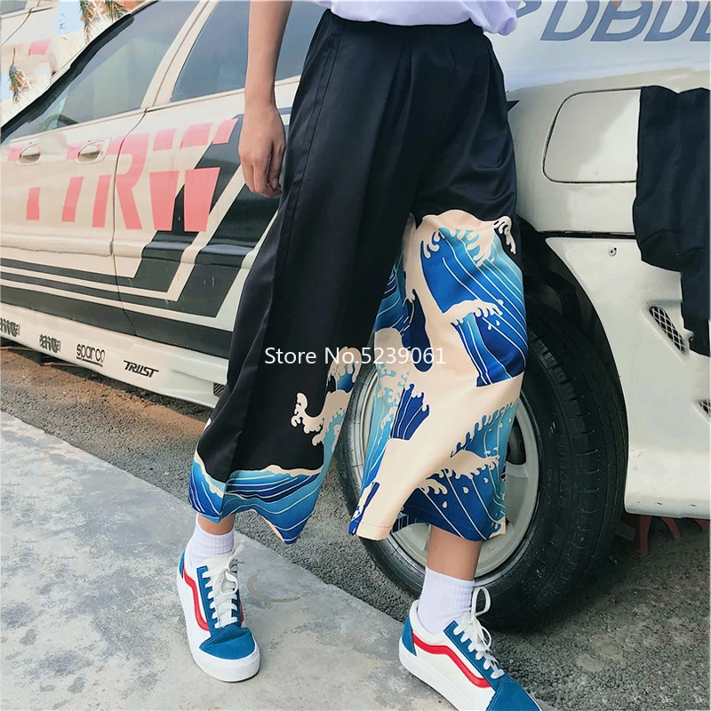 Vyrai Japonų Stiliaus Harajuku Pločio Kojų Kelnės Ukiyo-e Banga Spausdinami Aukštos Juosmens, Palaidi Haremo Kelnės Moterims Kinijos Streetwear Kostiumas