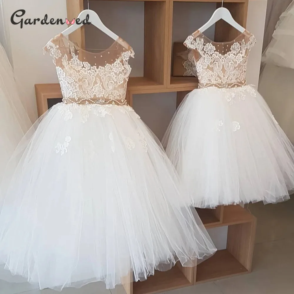 Dramblio Kaulo Nėrinių Vaikų Pirmosios Komunijos Suknelės Nuogas Kristalų, Perlų Diržo Gėlių Mergaitės Suknelė Mergina Vestuvės Dress Naujųjų Metų 2021