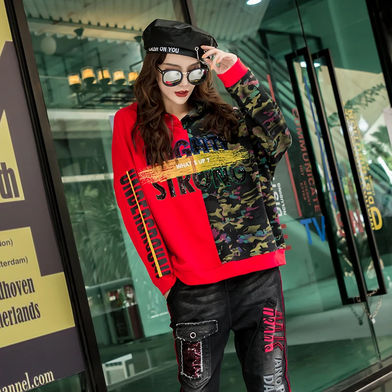 Max LuLu 2019 Prabanga Rudenį Korėjos Stiliaus Ponios Punk Drabužiai, Moteriški Kamufliažas Gobtuvu Hoodies Atsitiktinis Spausdinti Blizgančiais Susagstomi Megztiniai