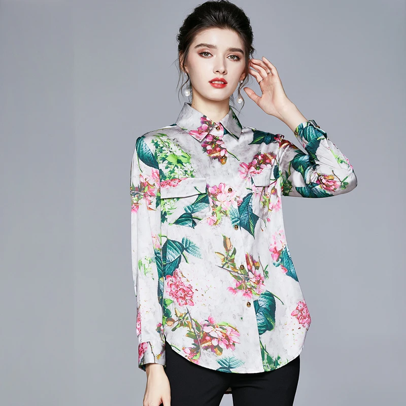 Qiqi&queen 2021 m. Pavasarį Office Lady Blusa Turn-žemyn Apykaklės Derliaus Spausdinimo Satino Viršūnes Elegantiškas Šifono Moterims Palaidinės Atsitiktinis Marškinėliai
