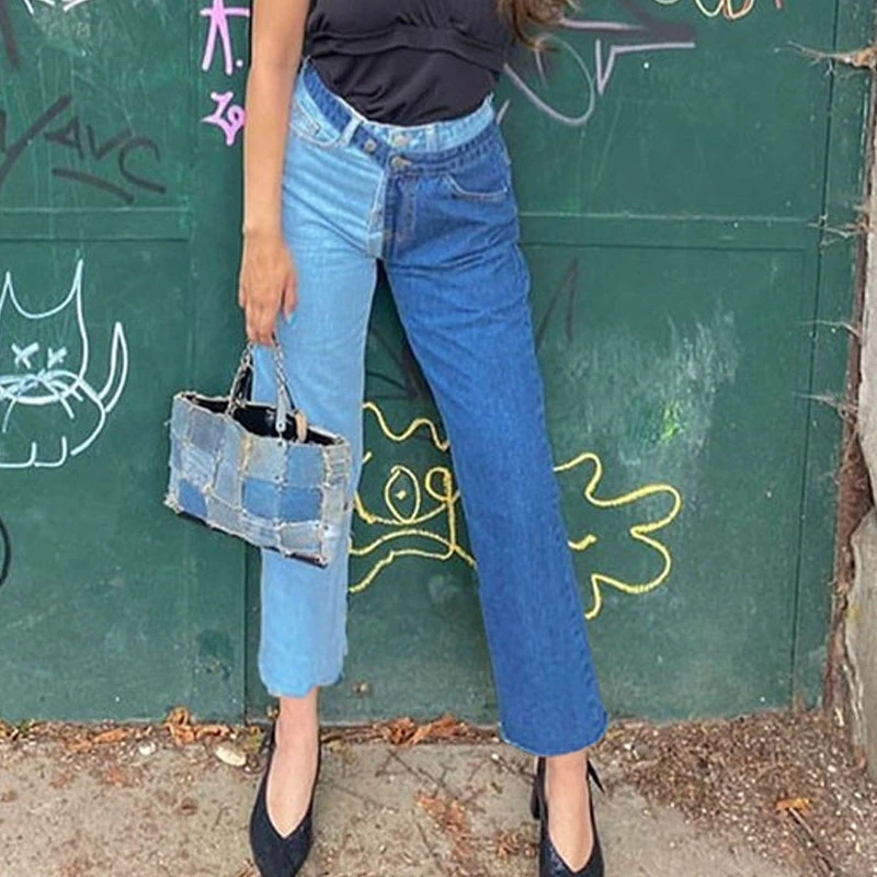Streetwear Mėlyna aukšto juosmens Atsitiktinis hip-hop kratinys Džinsinio audinio kelnės Moterims Palaidi tiesūs džinsai ziajać 2020 m. rudenį Punk stiliaus kelnes