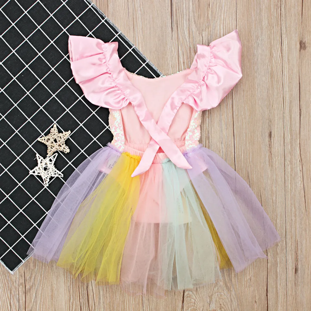 2021 m. Vasarą Naujų Bamblys Vaikas Baby Girl Rankovių Vaivorykštė Blizgučiais Nėrinių Princesė Romper Suknelė Vasaros Drabužių mergaičių suknelės#45