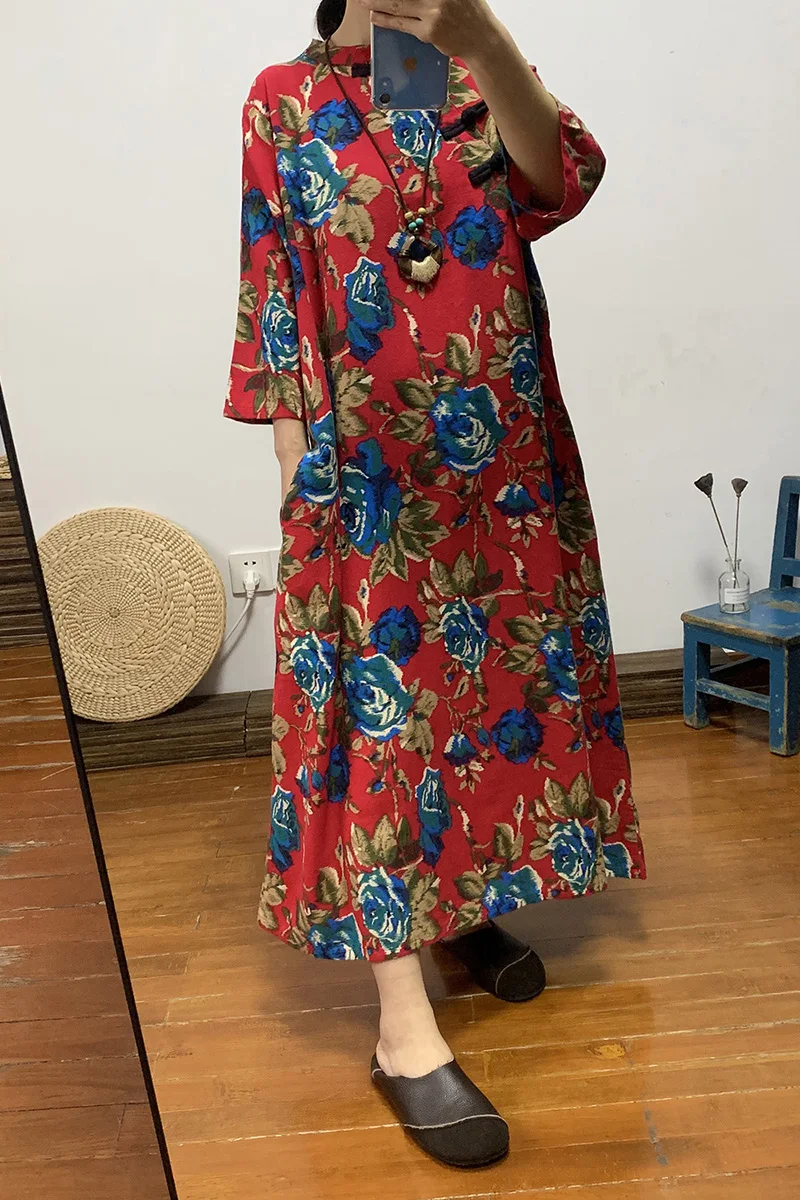 Etninės moterų ilgai medvilnės ir lino didelis spalvų prarasti dydžio suknelė Kinijos retro įstrižainės sagtis arbatos drabužių rudens