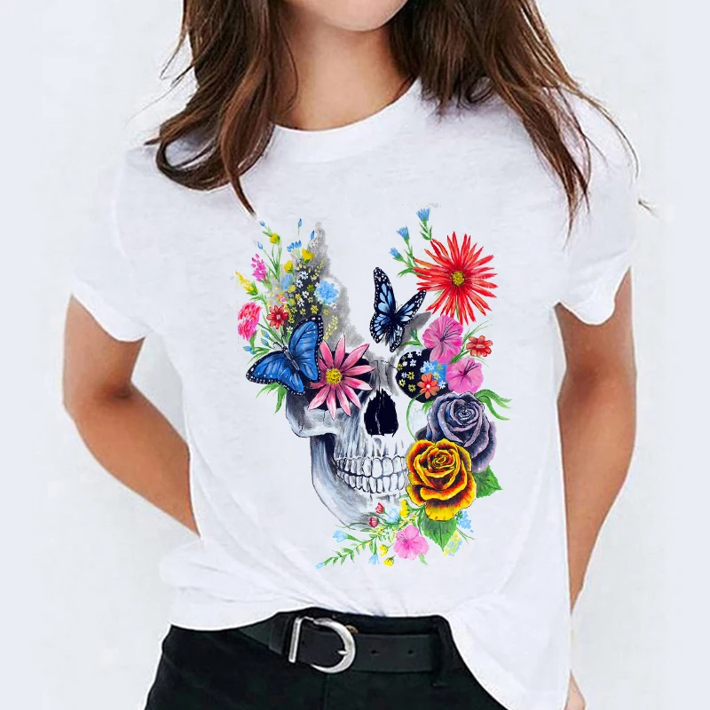 Marškinėliai Moterims Gėlių Kawaii Drabužių Kaukolė Akvarelė Helovinas Spausdinti Lady marškinėliai Moteriška Tee Viršuje Moterų Grafinis T-Shirt