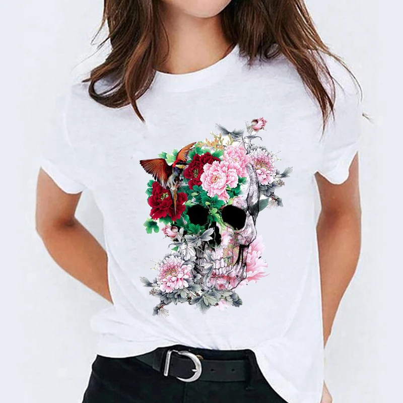 Marškinėliai Moterims Gėlių Kawaii Drabužių Kaukolė Akvarelė Helovinas Spausdinti Lady marškinėliai Moteriška Tee Viršuje Moterų Grafinis T-Shirt